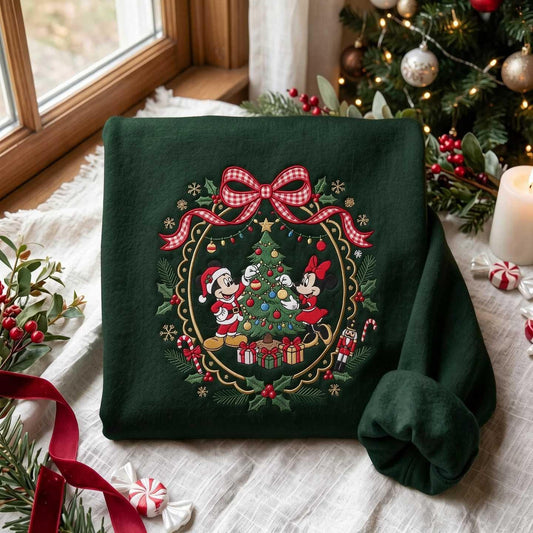 Embroidered Bow Wreath Sweatshirt, Festive Christmas Pullover, Cozy Cotton Blend Crewneck