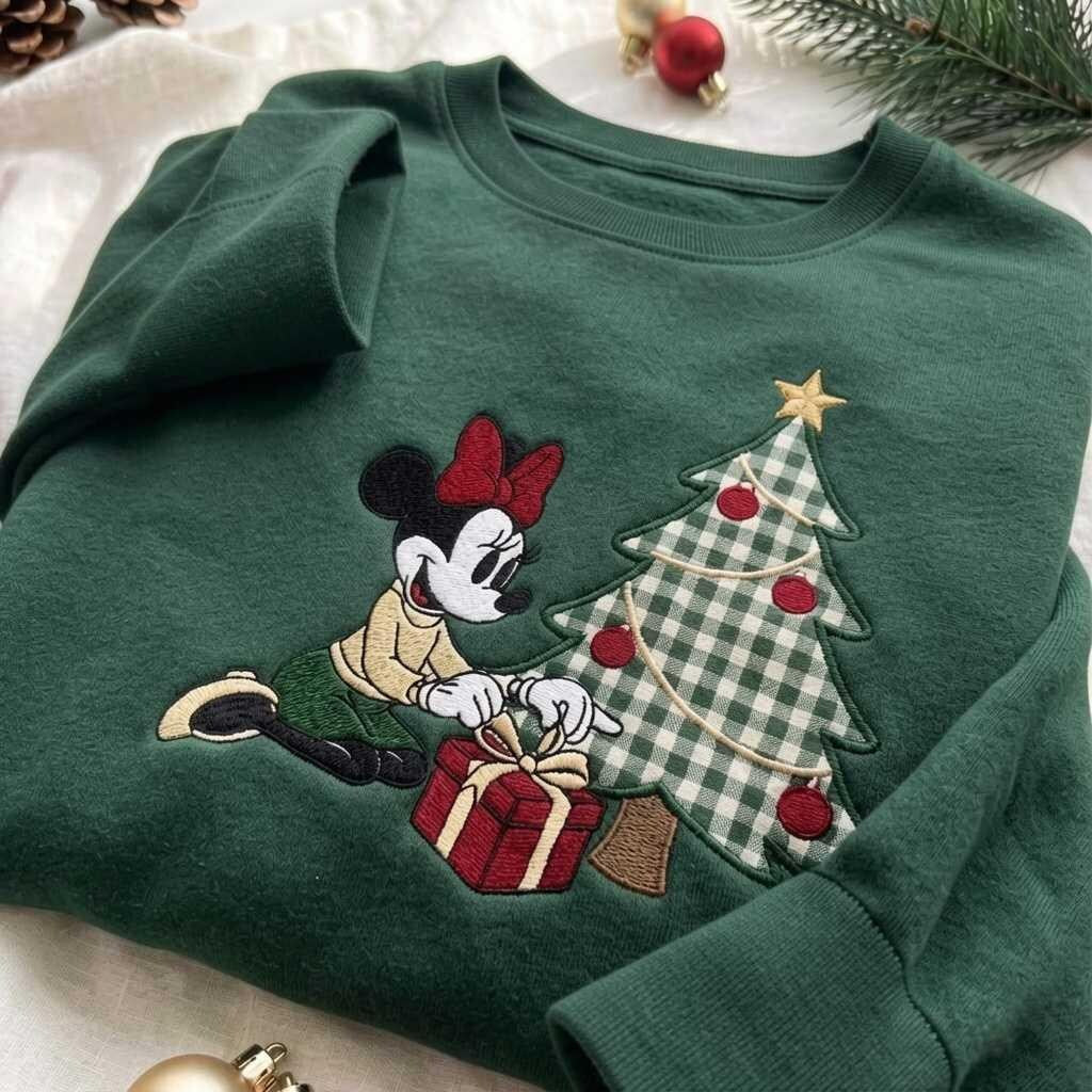 Couple Mouse Embroidered Gingham Sweatshirt, Minnie Mickey Inspired Christmas Applique Pullover, Vintage Holiday Couple Sweater