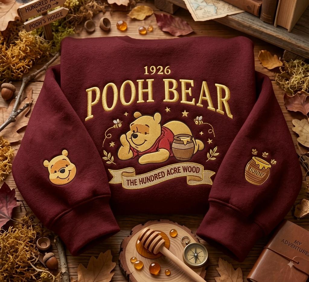 Embroidered  Bear Sweatshirt, Hundred Acre Wood Pullover, Autumn Fleece Crewneck