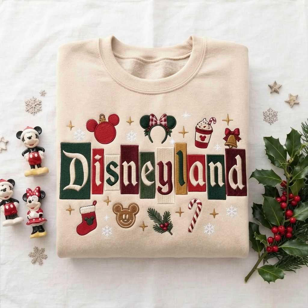Embroidered Disneyland Christmas Castle Mickey Mouse Sweatshirt, Holiday Crewneck