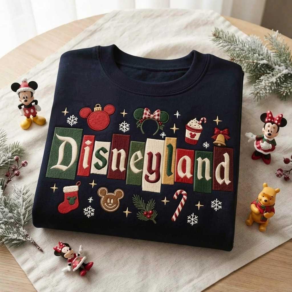 Embroidered Disneyland Christmas Castle Mickey Mouse Sweatshirt, Holiday Crewneck