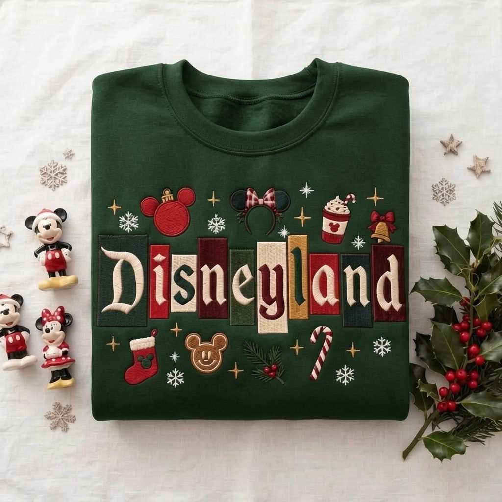 Embroidered Disneyland Christmas Castle Mickey Mouse Sweatshirt, Holiday Crewneck