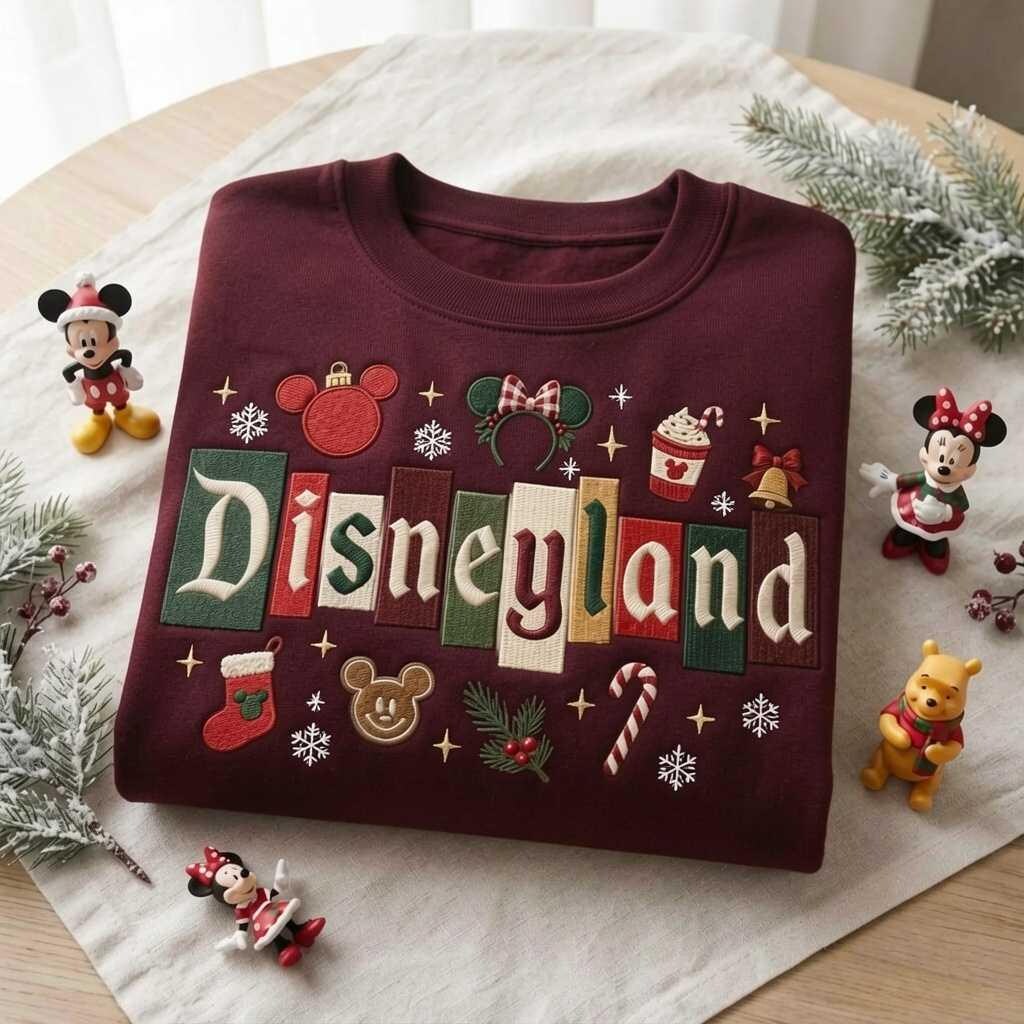 Embroidered Disneyland Christmas Castle Mickey Mouse Sweatshirt, Holiday Crewneck