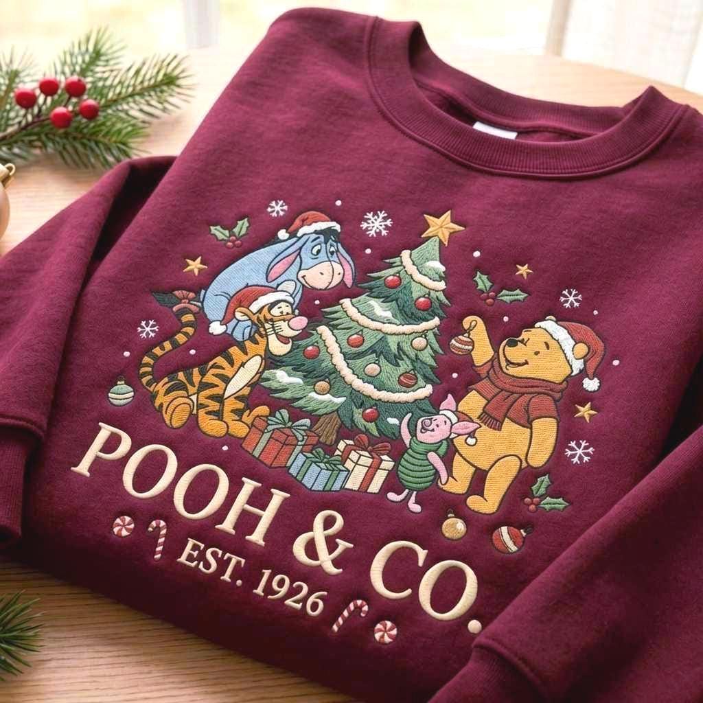 Embroidered Bear & Friends Christmas Sweatshirt, Holiday Crewneck (65% Cotton Blend)