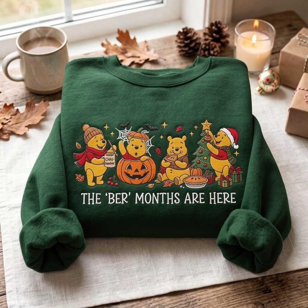 Pooh Bear Ber Months Embroidered Sweatshirt, Halloween Thanksgiving Christmas Crewneck, Winnie the Pooh Fall Holiday Season Gift