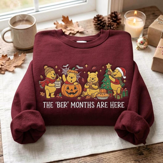 Pooh Bear Ber Months Embroidered Sweatshirt, Halloween Thanksgiving Christmas Crewneck, Winnie the Pooh Fall Holiday Season Gift
