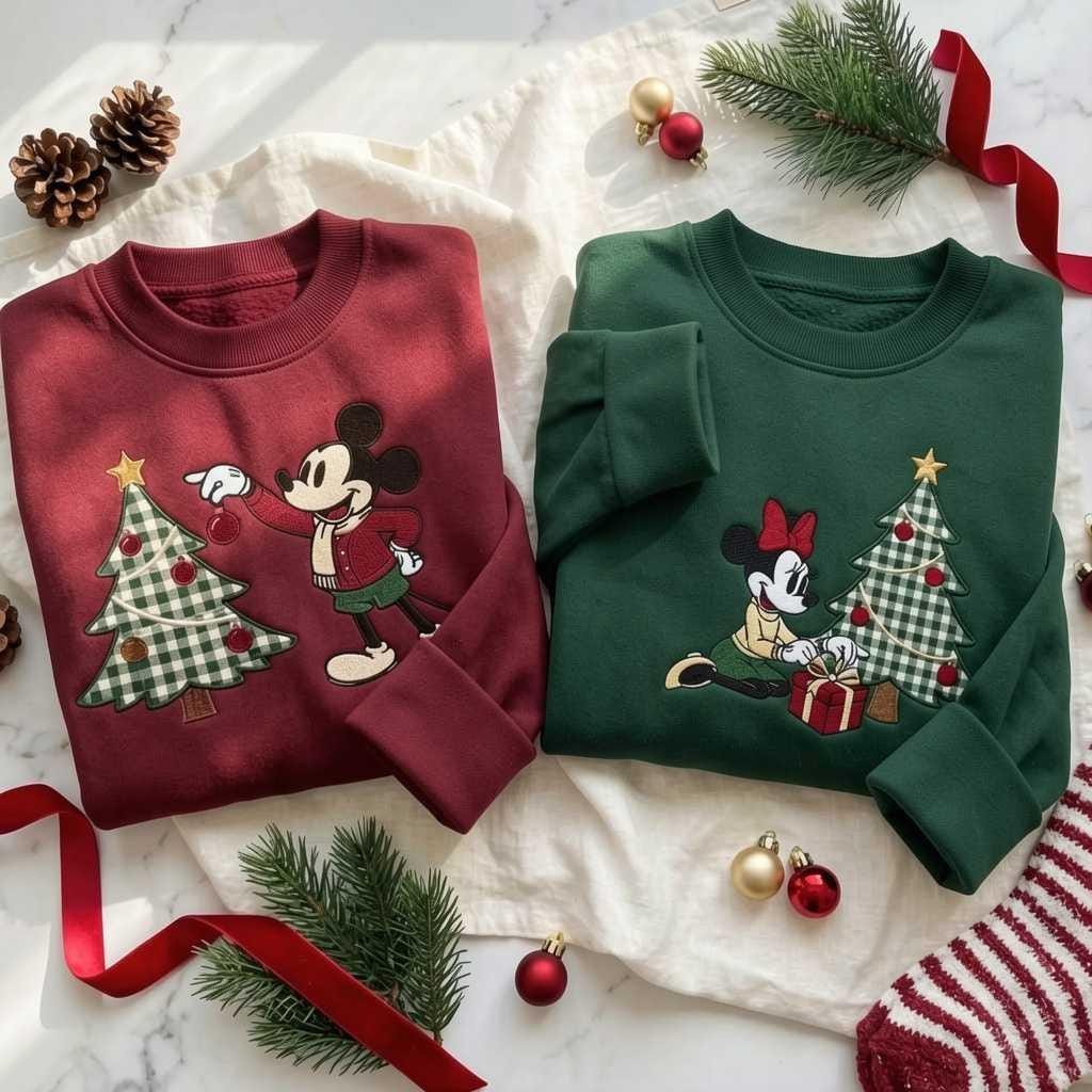 Couple Mouse Embroidered Gingham Sweatshirt, Minnie Mickey Inspired Christmas Applique Pullover, Vintage Holiday Couple Sweater
