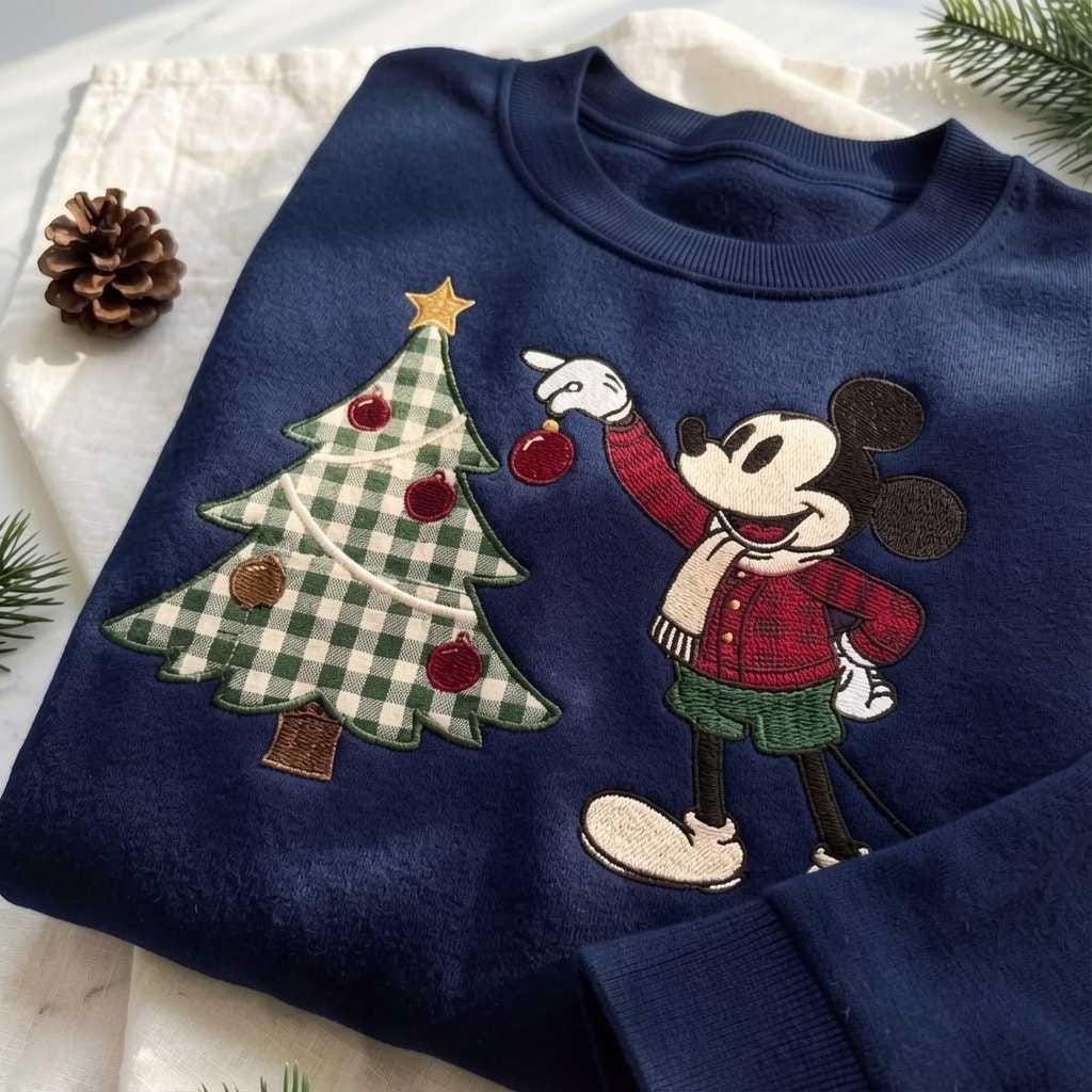 Couple Mouse Embroidered Gingham Sweatshirt, Minnie Mickey Inspired Christmas Applique Pullover, Vintage Holiday Couple Sweater