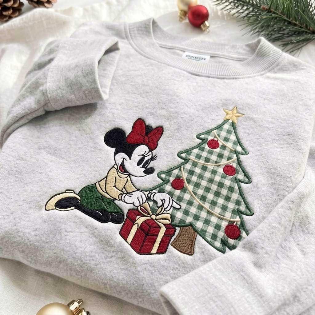 Couple Mouse Embroidered Gingham Sweatshirt, Minnie Mickey Inspired Christmas Applique Pullover, Vintage Holiday Couple Sweater