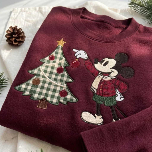 Couple Mouse Embroidered Gingham Sweatshirt, Minnie Mickey Inspired Christmas Applique Pullover, Vintage Holiday Couple Sweater