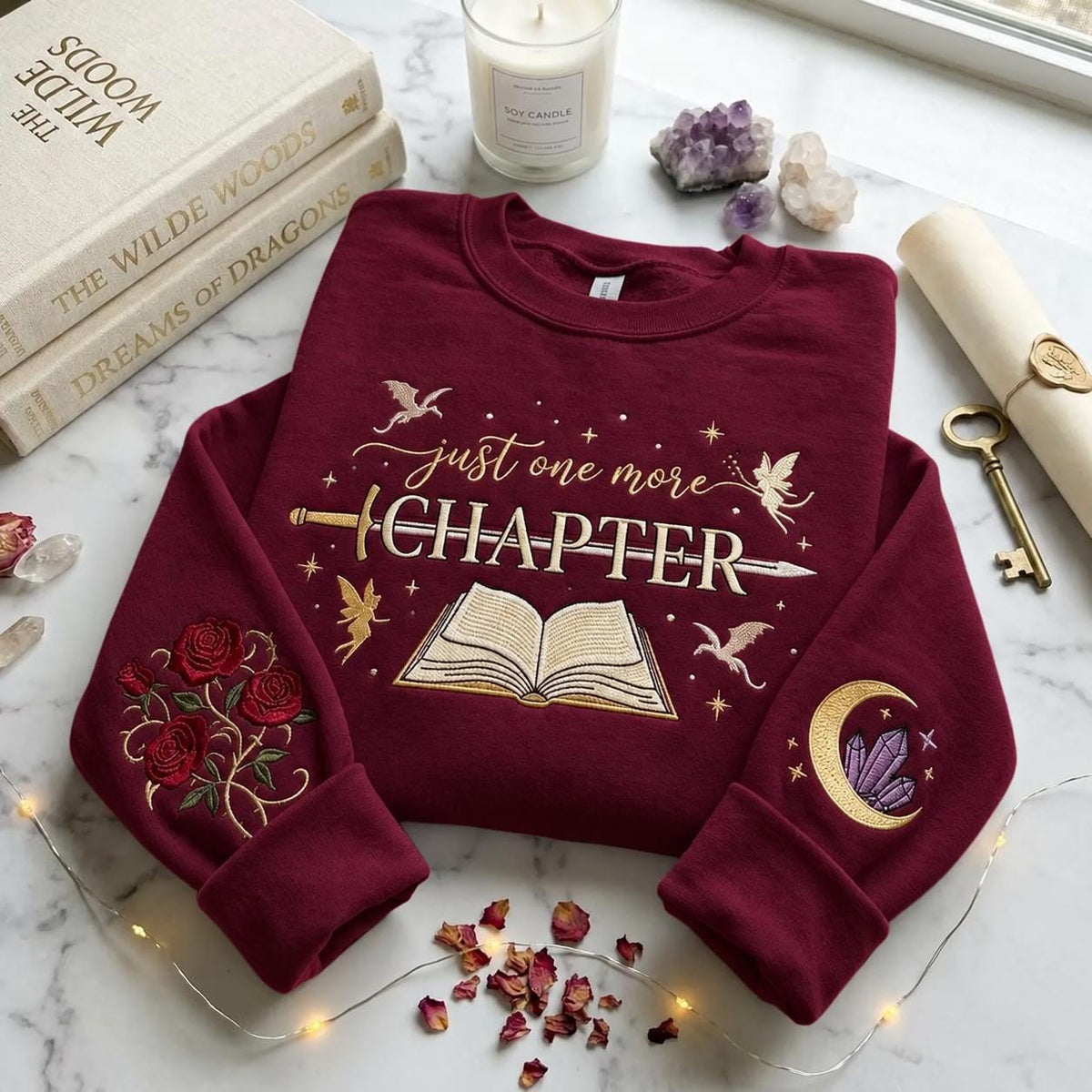 Just One More Chapter Embroidered Sweatshirt, Book Lover Fantasy Reading Gift