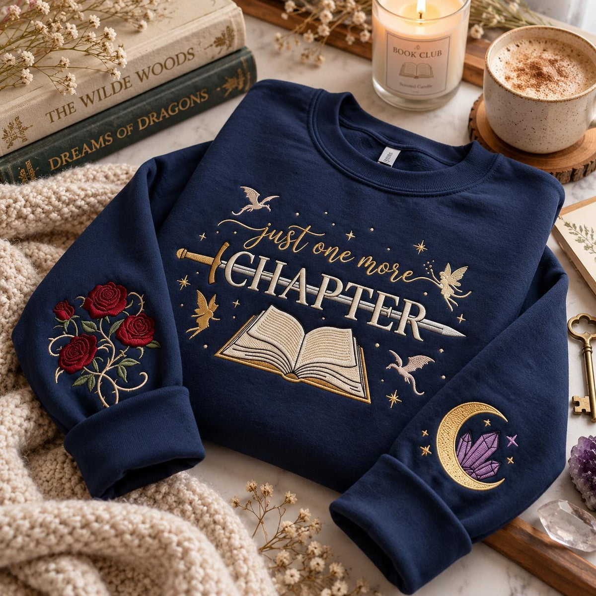 Just One More Chapter Embroidered Sweatshirt, Book Lover Fantasy Reading Gift